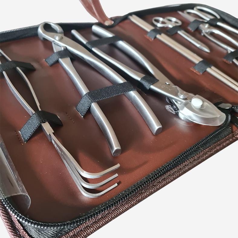 Kit de herramientas acero inoxidable estuche marrón - Nebari Bonsáis